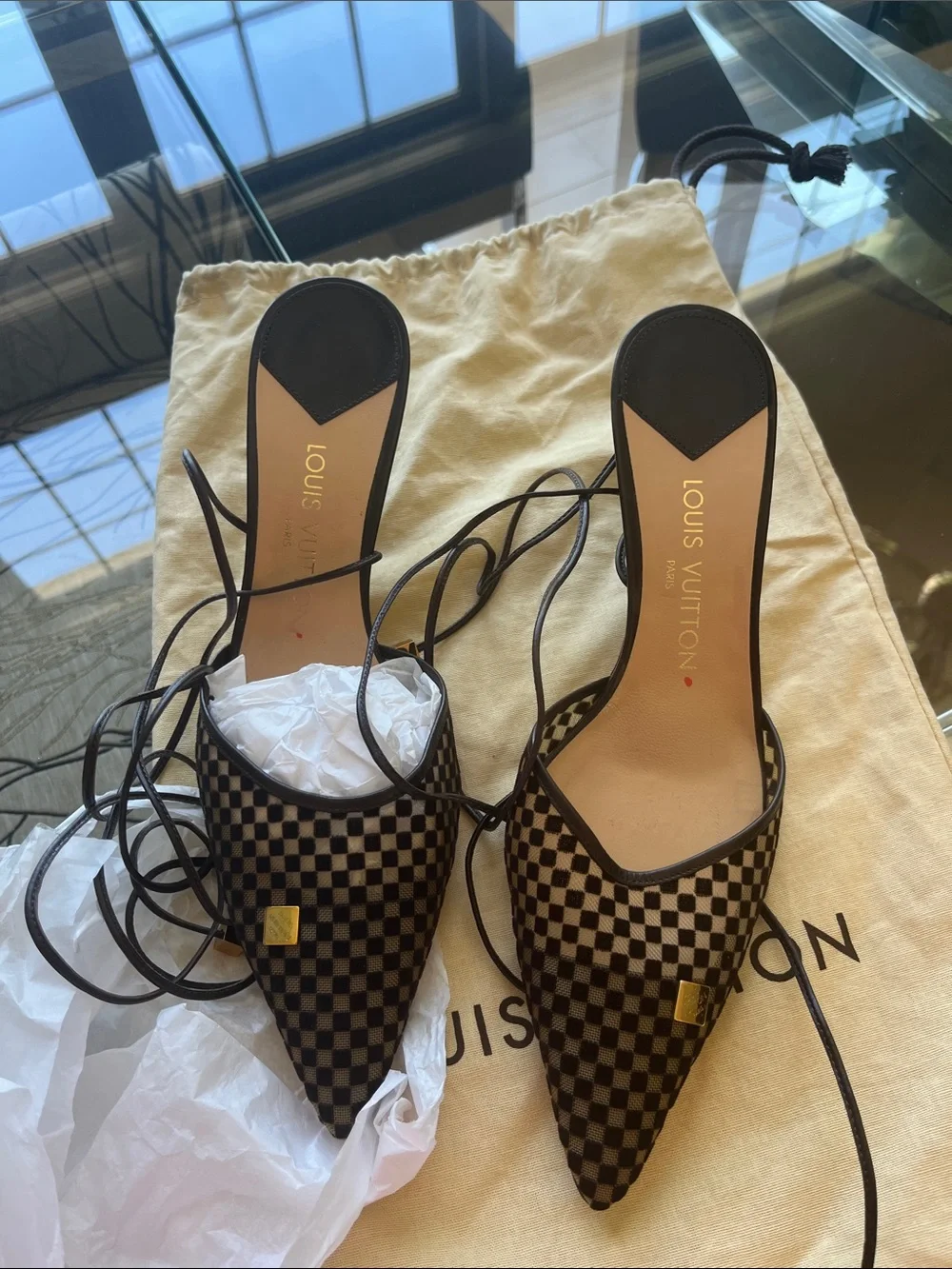 Louis Vuitton Black & Brown Damier Pointed Lace-Up Mules